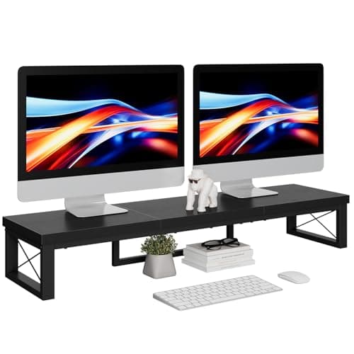 IBUYKE Dual Monitor Stand Riser, Wooden Desktop Computer Monitor Stand Storage Shelf and Steel Legs, Dual Screen Office Desk, Monitor Riser for Printer,PC,other Computer Accessories,Black TDJ002B