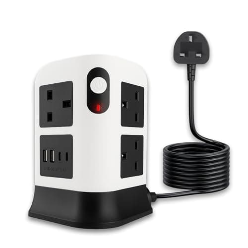 TB1 8-Gang Power Tower with USB-C & USB-A, Surge Protected Multi Plug Extension Lead, 3250W Vertical Power Strip with Switches, Flame Retardant Shell, 1.8M Cable for Desk, Home & Office
