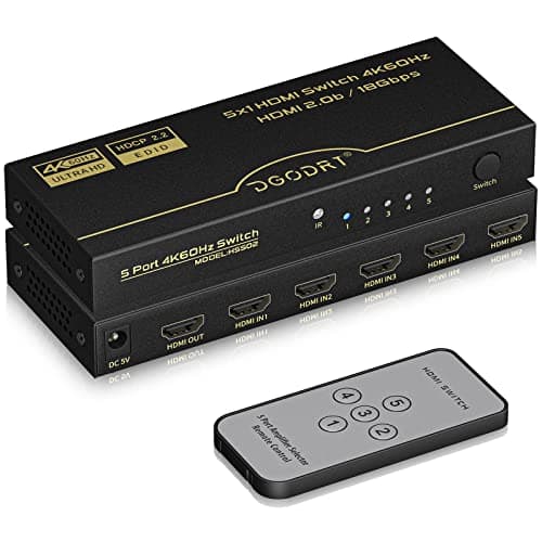 HDMI Switch 5 in 1 Out 4K@60Hz, DGODRT HDMI Splitter Switcher with Remote, 5 Port Hdmi 2.0 Switch Box Hub for 3D, HDCP2.2, HDR, Compatible with Xbox, PS5/4,Fire Stick,Roku,Blu-Ray Player