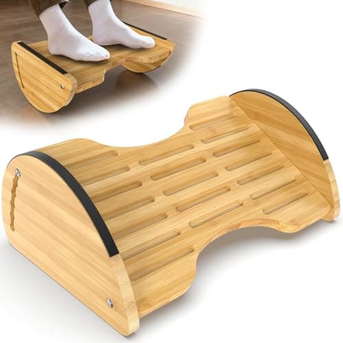 Under Desk Foot Rest,2-in-1 Adjustable Ergonomic Footrest for Office & Home,Bamboo Foot Stool with 6 Heights,Rocking & Flat Modes-Anti-Slip Design,Easy Assembly Perfect for Gaming,Working & Relaxation