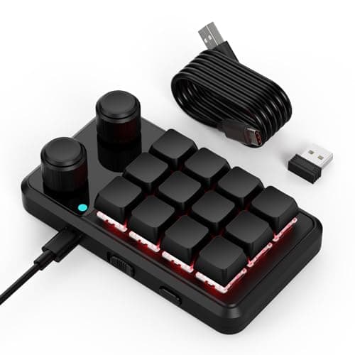 BRIMFORD Mini Macro Programmable Keyboard, One Handed Gaming Custom Keyboard Multifunction 12 Keys 2 Knobs Compatible for Mac OS,Windows,Vista, Macro Keypad Suitable for Office Gaming Lab