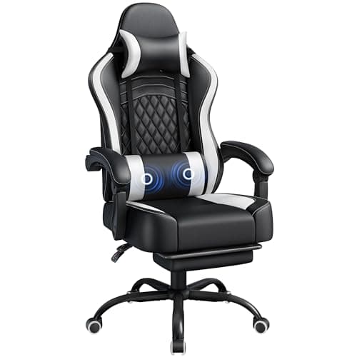 Yaheetech Gaming Chair, Ergonomic Racing Gaming Chair with Massage Lumbar Pillow, High-Back Office Chair with Slide-Out Footrest and Padded Linkage Armrests for Adults (Black/White)