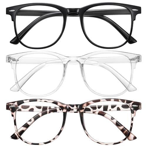 Ougenni 3 Pack Blue Light Blocking Gla-sses for Women Men, Round Computer Gla-sses Anti Eye Strain/UV/Glare Gaming Gla-sses Fashion Frame Fake Eyegla-sses with Clear Lens