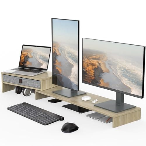 Fenge Dual Monitor Stand with Drawer,with Adjustable Length and Angle,Oak
