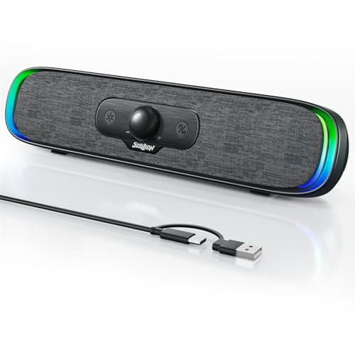 SOULION R200 PC Speakers Bluetooth USB Soundbar for Desktop, Monitors, Laptop, Compact Computer Sound Bar with Colorful LED Lighting Effect, USB Type-C Powered