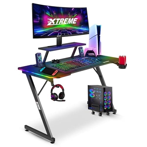 Olsen & Smith Compact Gaming Desk 120x60 Carbon Fibre Effect & RGB Lights | Compact PC Computer Gaming Desk 120x60cm , RGB LED Lights & Effects , Monitor Stand , Cable Management (Black)