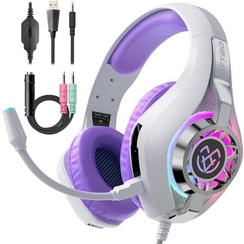 Tatybo Gaming Headset for PC Ps4 Ps5 Switch Xbox Mobile with Noise Cancelling Mic, Wired Gaming Headset with 3D Surround Sound Stereo, RGB Light