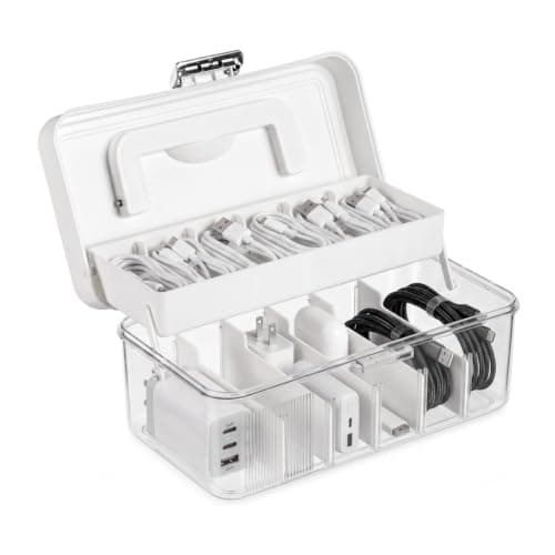 FERNVALE Cable Management Box Dual Layer Charger Storage Box with Lid Large Data Tidy Cord Organizer Box for Desk Home Office Dustproof Wire Organiser for Power Strip Adapters USB Cables White