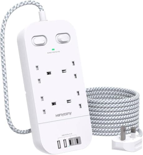 4 Way Surge Protector Extension Lead with 4 USB Slots, 1.8M Braided Cord