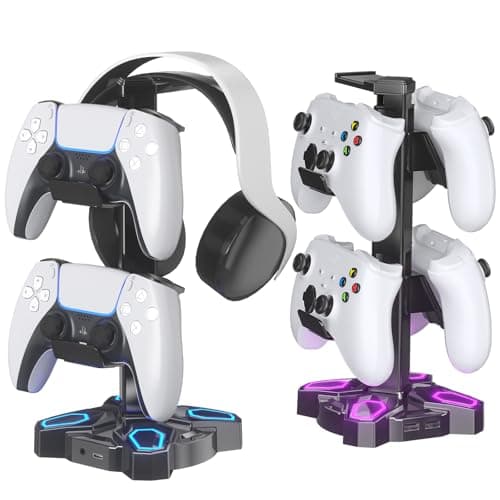 KDD Gaming Headphones Stand, Rotatable Headset Stand with 9 Light Model -Controller Holder with 2 USB Charging Ports and 3.5mm, Earphone Hanger Accessories for Sony, Bose,HyperX Cloud II, Xbox One