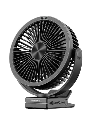 Warmco 10000mAh Portable Clip on Fan, 8 Inch Rechargeable Battery Operated Desk Fan with Strong Clamp & Hook, 360° Rotation & 4 Speeds, Quiet Cooling for Camping, Bedroom, Golf Buggy, Treadmill