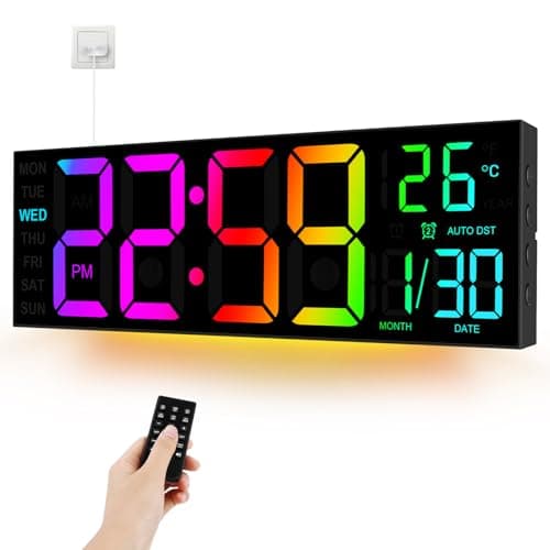 16'' Digital Wall Clock large display with Remote Control LED Dual Alarm Clocks with 8 RGB Colors - Lights Adjustable Brightness - Date-Auto DST - Temperature Memory Function - for Home, Gym, Office