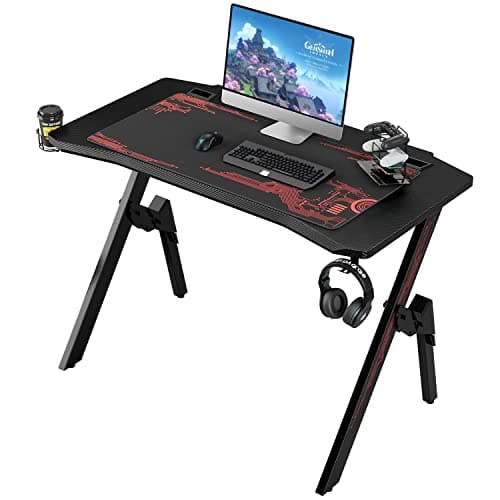 Allcam H138 Gaming Desk with Carbon Fibre Surface - 120cm Ergonomic PC Gamer Table with Full-Width Mousepad, Heavy Duty Steel Frame, Headphone Hook, Controller Stand and Cable Management, Black