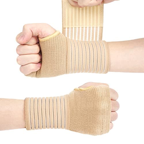 ACWOO Wrist Brace, 2 Pack Elastic Wrist Support with Strap, Wrist Compression Wrap Adjustable Wrist Strap Relieves Wrist Pain, Tendonitis, Sports Use for Men and Women, Right & Left Palm Support Beige