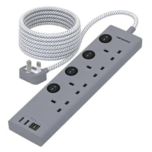 Gray Extension Lead 1.8M, 4 Way Power Strip with 4 USB Slots (2 USB C)