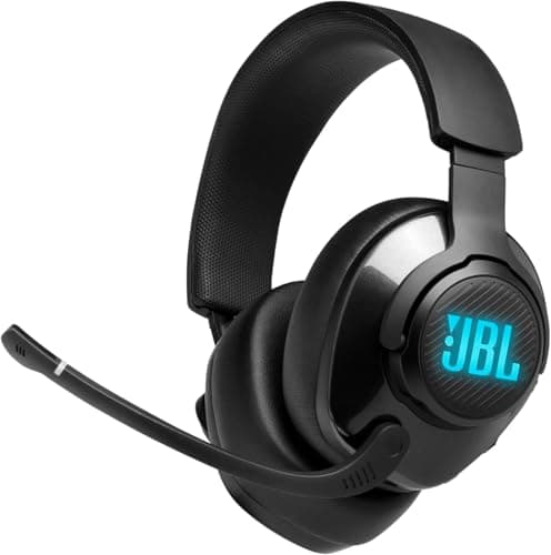 JBL Quantum 400 - USB over-ear gaming headset with game-chat balance dial, QuantumSURROUND and DTS, Voice focus directional flip-up mic and memory foam ear cushions (Black)