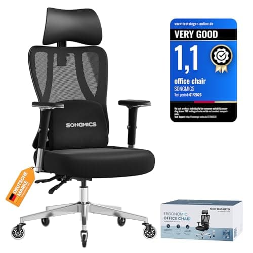 SONGMICS Ergonomic Office Chair, Height Adjustable Desk Chair, Gaming Chair with Adjustable Lumbar Support, Headrest, Armrests, Reclining Backrest, Loads 150 kg, Ink Black OBN067BH02