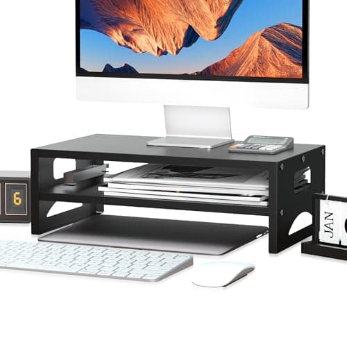 Pholiten Metal Monitor Stand Riser with Storage Shelf | 14cm Ergonomic Height, 30kg Heavy Duty | UK Home Office Desk Organiser w/ Cable Management | Black (MST032T)