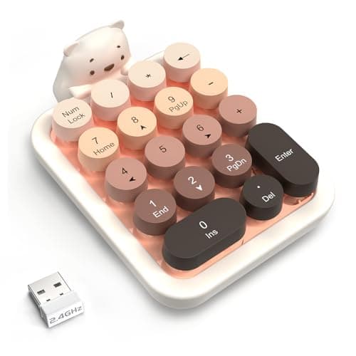 FELiCON Wireless Numeric Keypad, 18-Key Portable Mini Number Pad with Retro Round Key and 2.4G USB Receiver, Removable Cute Bear Silicone Cover for PC, Laptop, Computer, Win, Mac - Milk Tea