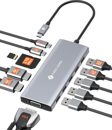 NOVOO 12 in 1 Docking Station, USB C Dock Triple Display Multi-Port Dongle USBC Hub with Dual 4K HDMI, VGA, 10 Gbps USB-A and USB-C Data Ports, SD/TF 3.0,100W PD Laptop Dock for Dell/HP/Lenovo