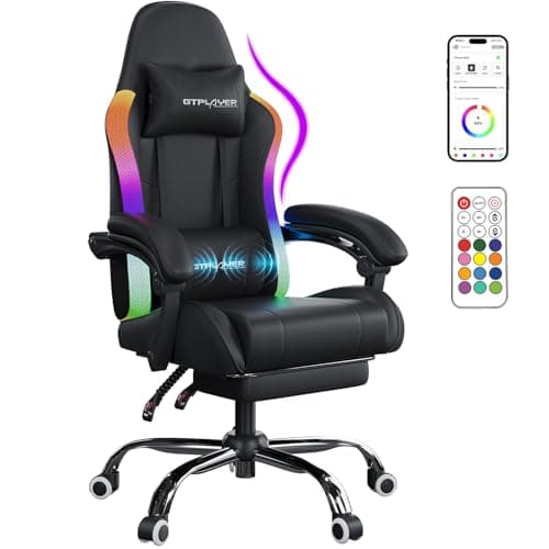 GTPLAYER Gaming Chair with LED Lights Footrest Heavy Duty Massage Computer Desk Chair for Adults Ergonomic Adjustable Height Reclining PC Home Office Chairs