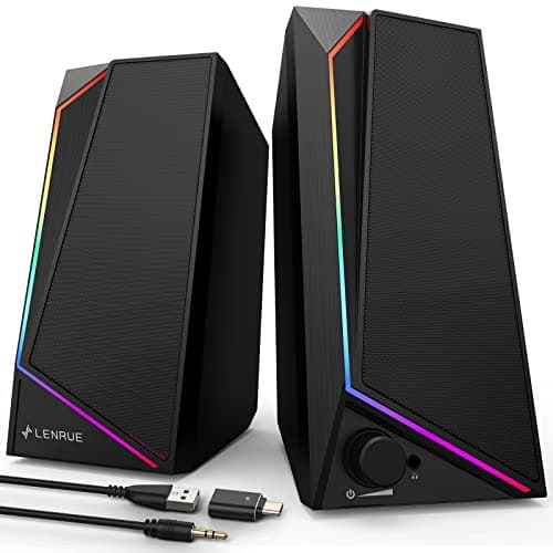 LENRUE PC Speakers, USB Powered Computer Speakers with Loud Stereo Sound, Headphone-in for Desktop, Laptop, Monitor (USB-C Adapter Included)