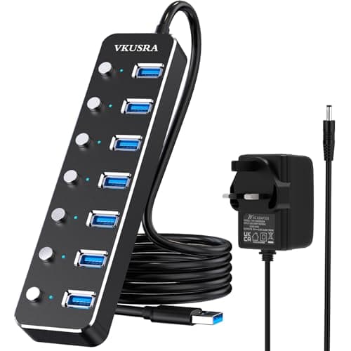 VKUSRA Powered USB Hub 7 Ports USB 3.0 Data Hub with 5V3A Power Adapter