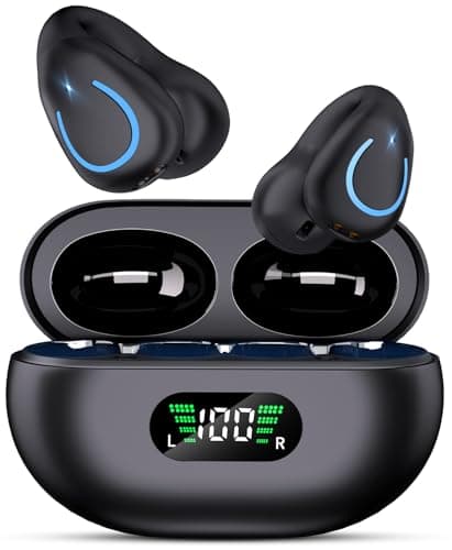 Open Ear Bone Conduction Headphones Bluetooth 6.1 Clip-on Earbuds with Mic, 80H Playtime, Waterproof, Digital Display Charging Case, Comfortable for Glasses Wearers, for Sport Workouts Running, Black