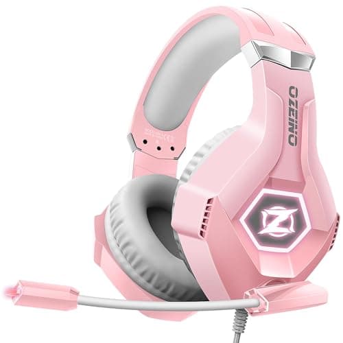 Ozeino Gaming Headset with Microphone for PS5/PS4/Xbox One/PC/Switch, Gaming Headphones with 3D Surround Sound & Noise Cancellation Pink
