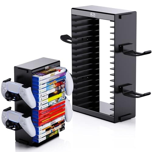 Lomffy Video Game Storage Tower, Universal Game Storage Tower PS5/PS4/Xbox One/Xbox Series S/Xbox X/wii/Switch/Switch2 DVD and Blu-Ray Disks Organizer, Stores 19 Game, with 4 Controller Holders