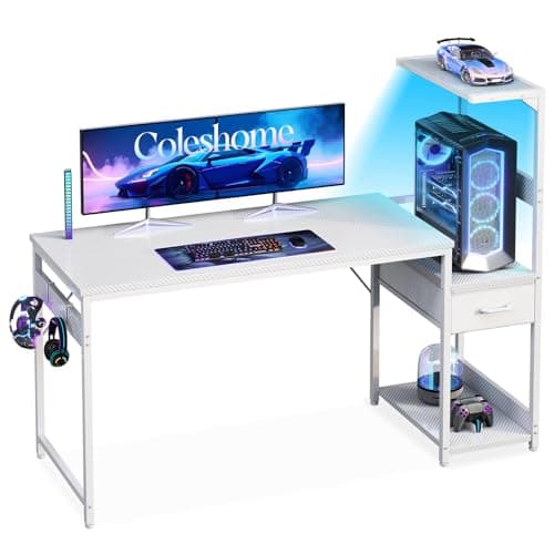 Coleshome 138×48 cm Gaming Desk with LED Lights, Carbon Fiber White