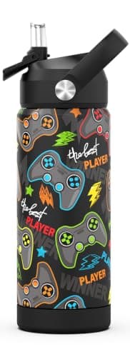 ntskood Boys Game Black Water Bottle for School，Kids 18 oz Insulated Stainless Steel Cup with Straw, Double-Wall Vacuum Leakproof