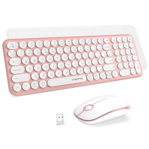 Wireless Keyboard and Mouse Set, XTREMTEC Compact Size Cute Retro Round Silent Keycap - 2.4GHz Ultra Slim Quiet Aesthetic Keyboard, UK Layout Compatible with Mac OS & Windows PC Laptop (Sakura Pink)