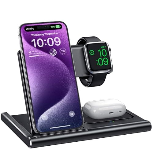 Charging Station,EXW 3 in 1 Wireless Charging Station for iPhone 17/16/15/14/13/12/11/XR/X/8,Fast Wireless Charging Stand for Airpods Pro/3/2 and Apple Watch(No Plug Included)