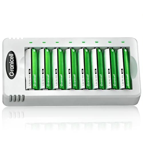 Granicell AA Rechargeable Batteries with Charger, 8 Slot Smart Battery Charger with 8 Pcs 2800mAh High Capacity NiMH AA Batteries, USB Smart Charging