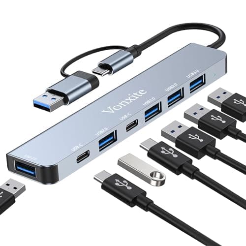 Vonxite USB C Hub, 7 in 1 USB Hub Multiport Adapter with 2*USB Type C Data Ports, USB 3.0 & 4*USB 2.0, Type C Docking Station, USB C Adapter for MacBook, Windows, Laptops, PS5/PS4/Tablet