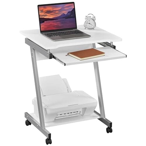 Yaheetech Small Computer Desk Z-Shaped PC Table on Wheels Movable, White