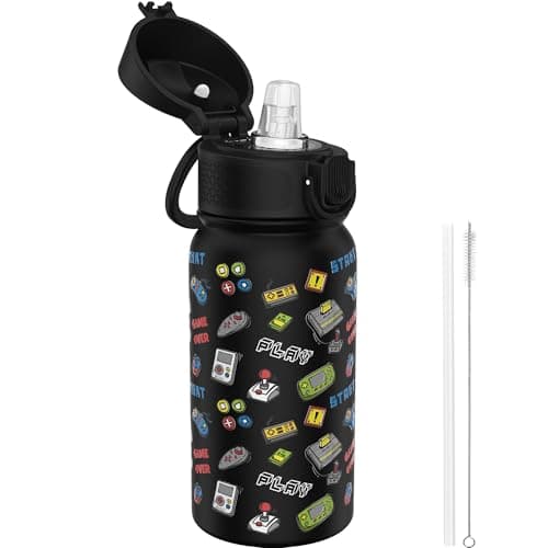 GOPPUS 350ml/12oz Kids Stainless Steel Water Bottle with Straw Toddler Drinks Bottle with Handle Small Insulated Bottles for Girls Boys School Cold Metal Flask with Flip Top Lid BPA Free (Black Game)