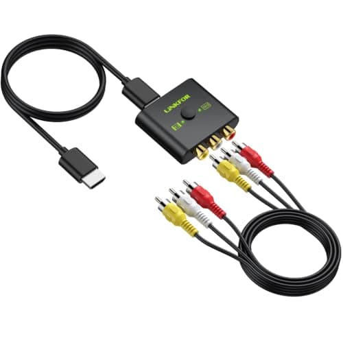 LiNKFOR RCA to HDMI Converter Kit with HDMI & AV Cable – AV to HDMI Adapter for Retro Consoles, VHS & DVD Players, 4:3 & 16:9 Ratio Switch, Plug & Play for HDTV