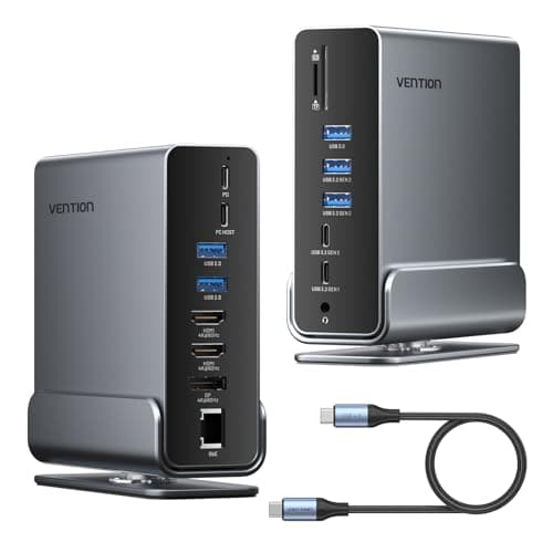 VENTION Docking Station Dual Monitor 15-in-1 Triple Display USB C Laptop Docking Station for Windows PC, Thunderbolt 3/4, Dell, HP, with Dual 4K HDMI, DP, 10Gbps USB, RJ45, 100W PD, Audio, SD/TF,Gray