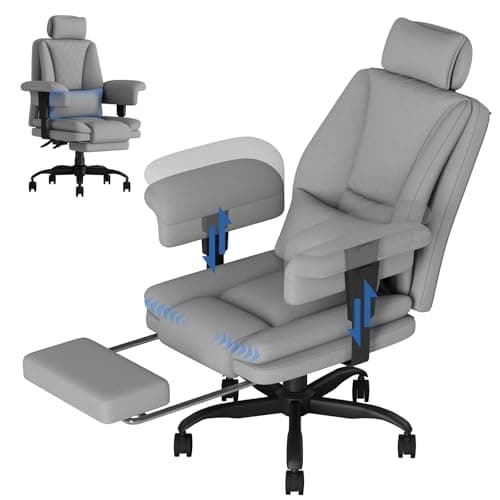 WUPY Big and Tall Desk Chair, Heavy Duty Executive Office Chair with Footrest, Ergonomic Extra Wide Office Chairs for Long Hours of Work and Gaming, Fabric High Back Gaming Chairs, 3D-Armrest, Grey