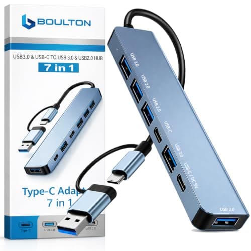 Boulton USB Hub 3.0-7 in 1 USB C Hub Multiport Adapter with 2x USBC Data Ports 1x USB3.0 and 4xUSB 2.0 – Type-C Docking Station, USBC Adaptor for MacBook Windows Laptops PS Tablet