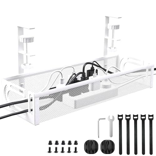 Under Desk Cable Management Tray, Metal Cable Management,No-Drill Mesh Wire Organiser with Clamp, Wire Holder Side Opening Design, Cable Tidy Basket, for Office and Home-White