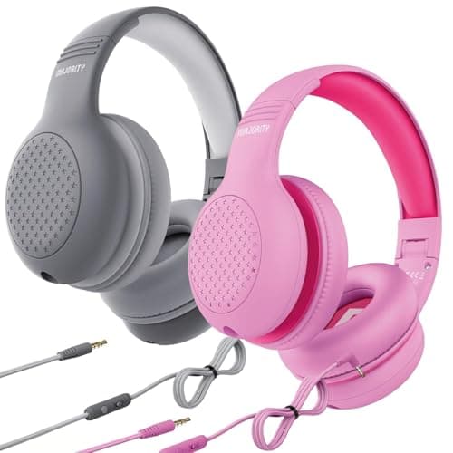 2 Pack Wired Headphones Over-Ear – Pink & Grey Foldable Kids Headphones with Soft Cushion Earpads, 85–94dB Volume Limiter & Tangle-Free Cable – Lightweight Audio Headset for School, Travel & Home