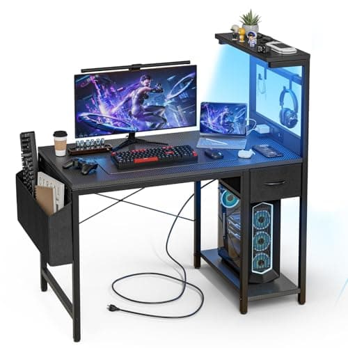 Grandder 100x50 cm Gaming Desk with Sockets and LED Light, Black