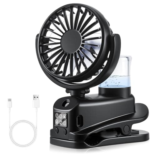 JIZZU Clip on Fan with Water Spray, USB Rechargeable Mini Desk Fan, 4 Speed