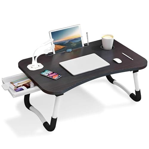 Foldable Laptop Table with USB Ports, Drawer, Cup Holder&Tablet Slot, Black