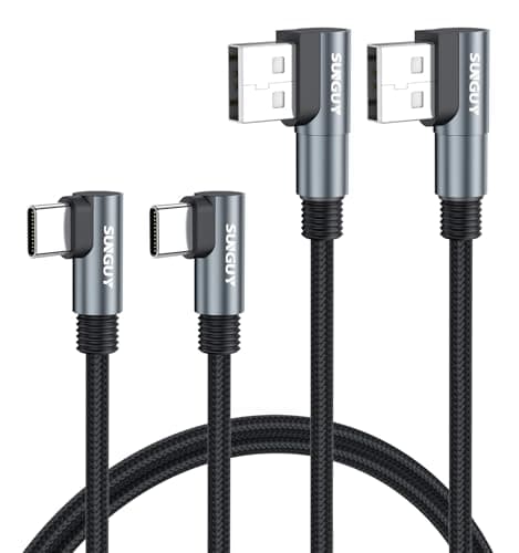 SUNGUY Right Angle USB C Cable 1m, 2Pack Dual 90 Degree USB A to USB C Cable for Gaming, Switch, Tight Spaces, Fast Charging Cable Type C Braided for iPhone 17/16/15, Galaxy S26/S25/S24