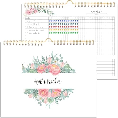 Habit Tracker Calendar- 12 Months Undated Daily Weekly & Monthly Period Habit Tracker Journal, Greenery Floral, Spiral Binding with Writable Goals Habits Track and Self Care Office Supplies. 8"x10"