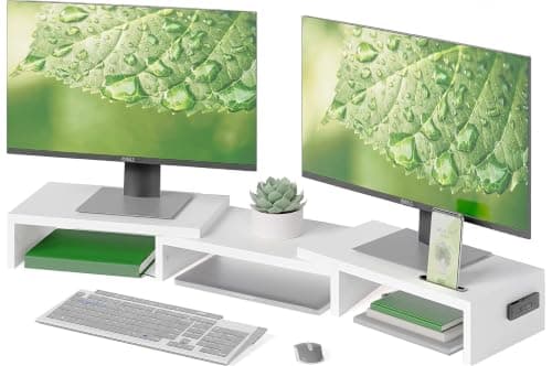 BONTEC Dual Monitor Stand Riser, Stepless Adjustable Length & Angle, White